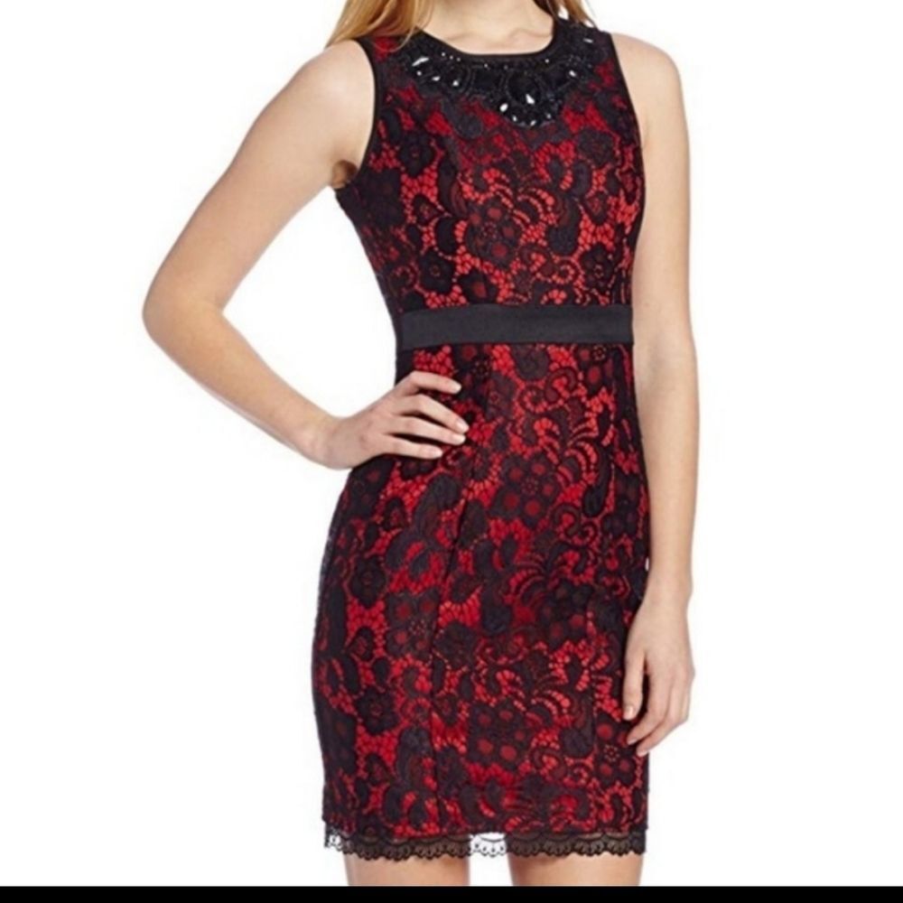 XOXO Red Black Lace Beaded Dress